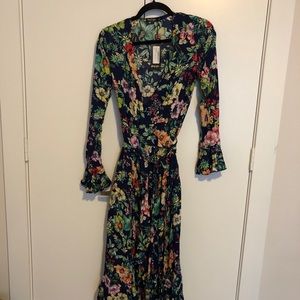 Nasty Gal long sleeve floral navy wrap dress